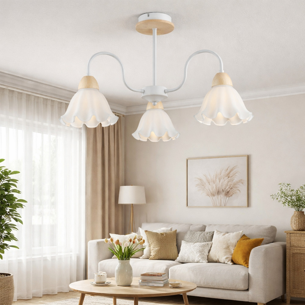 Люстра 3 плафона 60*34 см Е27 60Вт 12м2 плафон стекло белый-дерево Baizheng