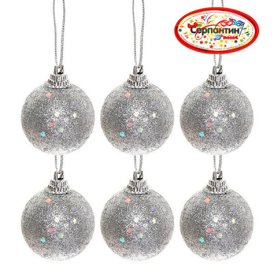 Набор пластиковых шаров d-4 см 6 шт серебро Посыпка из блесток Серпантин