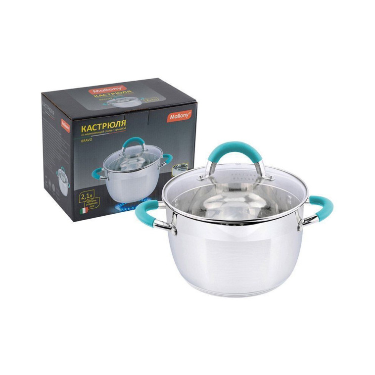 Фото Кастрюля нержавеющая сталь  2,1 л 16 см стекл крышка-дуршлаг силикон ручка индукция Bravo Mallony