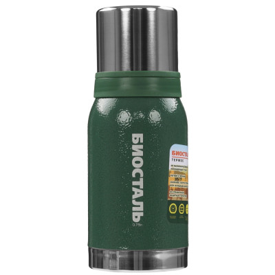 Термос нержавеющая сталь  0,75 л узкое горло 2 чаши без кнопки зеленый Охота Биосталь