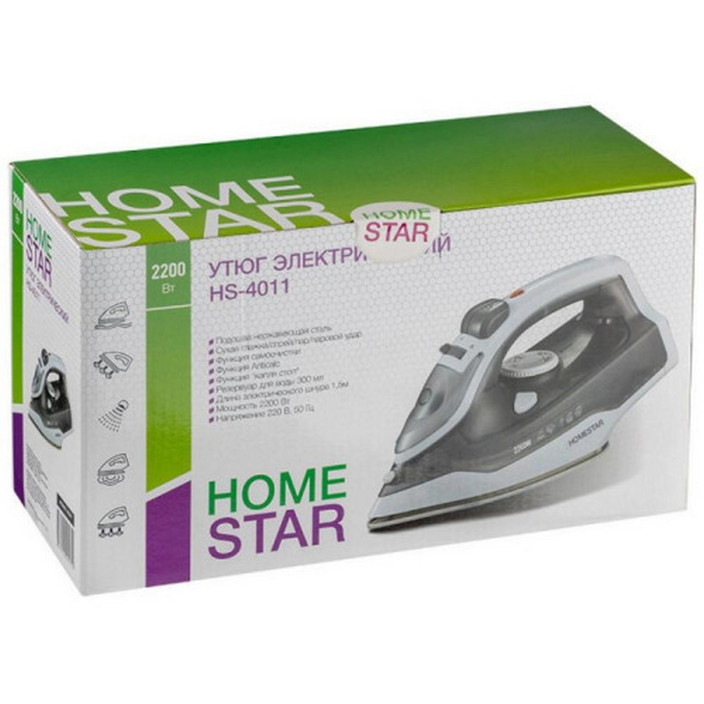 Утюг HomeStar HS-4011 2,2 кВт стальная подошва вертикальное отпаривание, удар и самоочистка, серый
