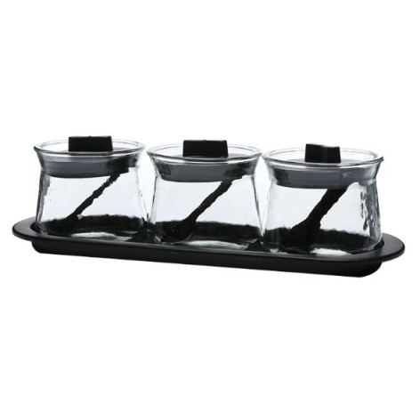 Банка стеклянная для продуктов 3 пр 30*11*9 см подставка крышка ложка черный Baizheng