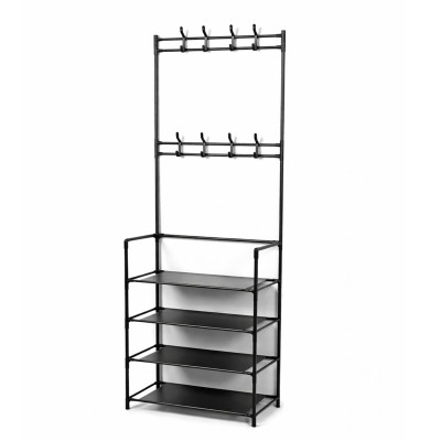 Вешалка металлическая гардеробная 60х29,5х154 см с обувницей 4 полки черный Baizheng Вешалка металлическая гардеробная 60х29,5х154 см с обувницей 4 полки черный Baizheng