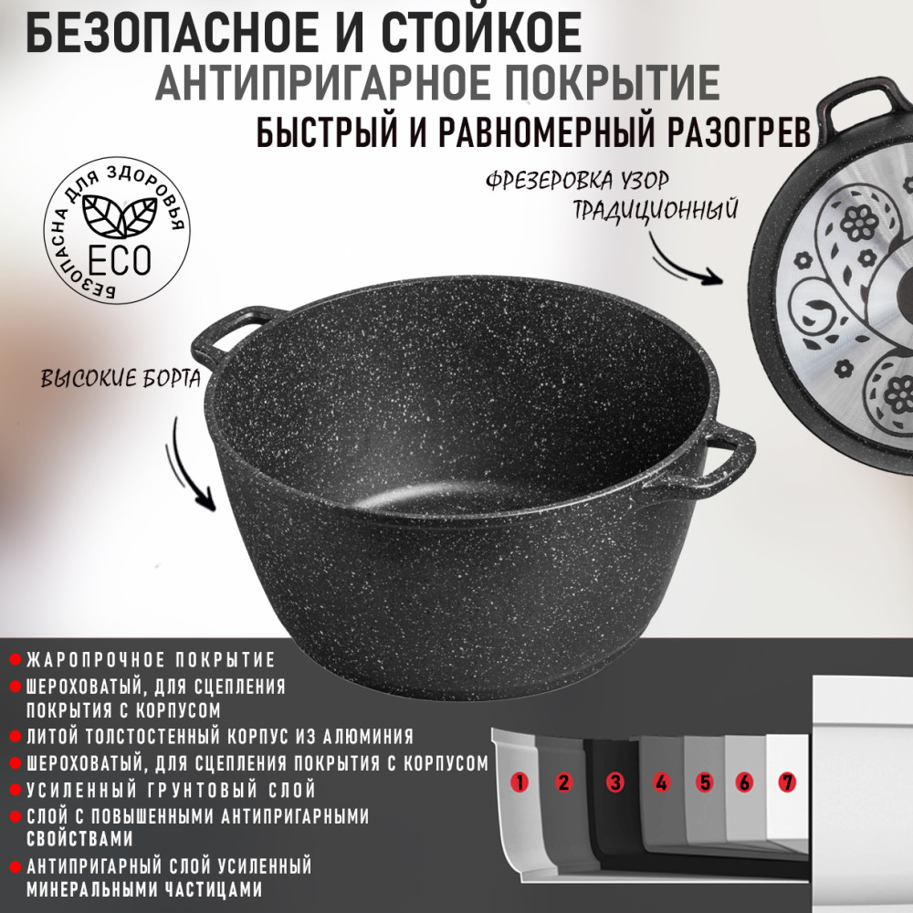 Кастрюля алюминиевая  8 л стекл крышка под упак Гранит Горница