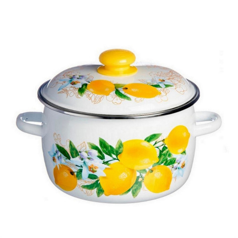 Кастрюля эмалированная 3 л пласт кнопка ободок белый деколь на крышке Лимоны Стальэмаль