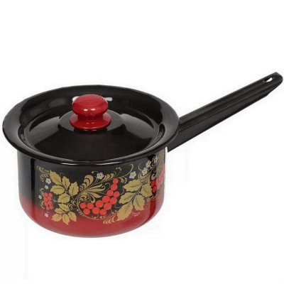 Ковш эмалированный 2 л с крышкой пласт кнопка красно-черный Рябинушка Стальэмаль