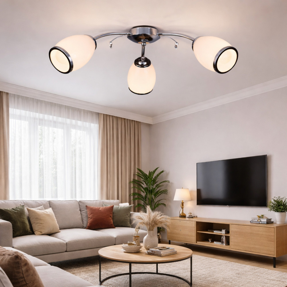Люстра 3 плафона 56*17 см E27 60Вт 12м2 плафон стекло хром  Baizheng