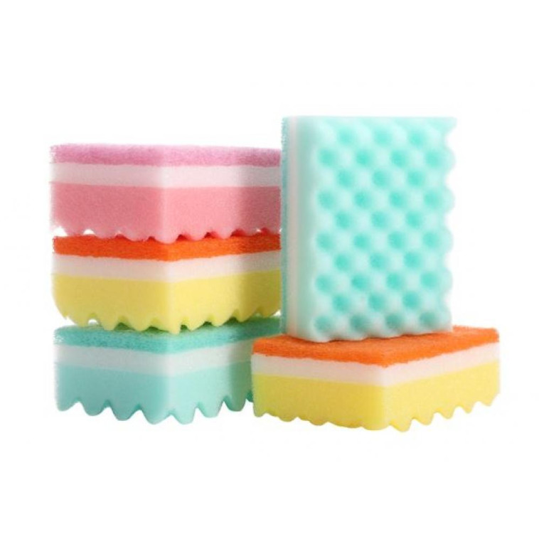 Губка поролоновая с фиброй для посуды 5 шт 10*7*3,5 см крупнопористая рельеф микс Baizheng
