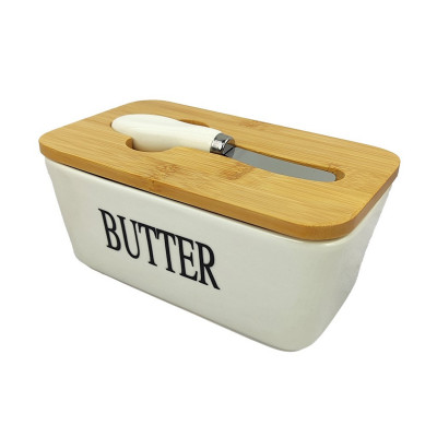 Масленка фарфоровая 17*9,5*8 см с ножом дерев крышка под упак Коралл