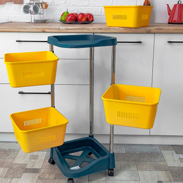 Фото Этажерка пластиковая 4-х ярусная 345*345*782 мм на колесах микс Baizheng