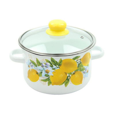 Кастрюля эмалированная 3 л стекл крышка пласт кнопка ободок белый Лимоны Стальэмаль