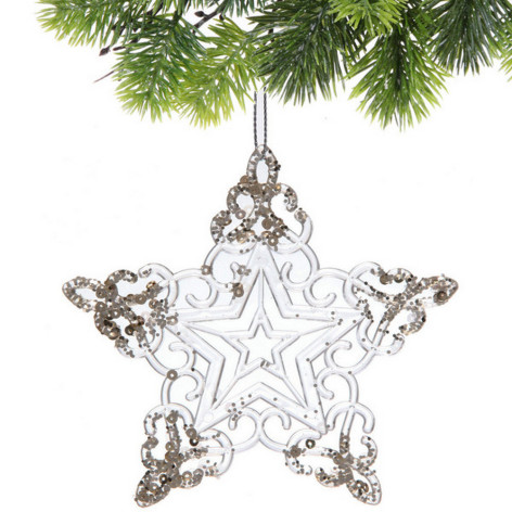 Украшение елочное пластик 10 см белый золотой блеск Роскошная звезда Серпантин