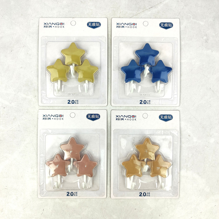 Изображение Крючок пластиковый самоклеящийся 3 шт 4*8 см металл держатель Звездочка микс Baizheng