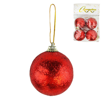 Набор пластиковых шаров d-5 см 4 шт красный Посыпка из блесток Серпантин