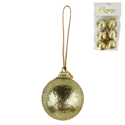 Набор пластиковых шаров d-4 см 6 шт золотой Посыпка из блесток Серпантин