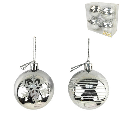 Набор пластиковых шаров d-6 см 4 шт серебро белый Снежные нити Серпантин