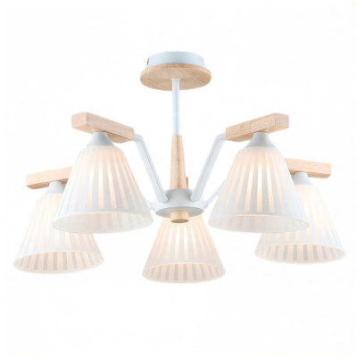 Люстра 5 плафонов 59,5*32 см Е27 60Вт 20м2 плафон стекло белый дерево Baizheng