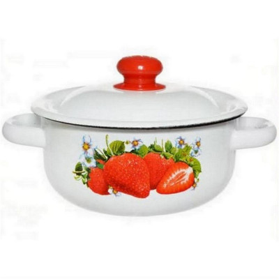 Кастрюля эмалированная 1,5 л пластиковая кнопка цилиндрическая белый Клубника садовая Стальэмаль