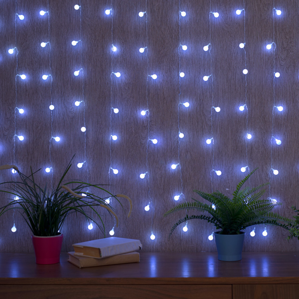 Гирлянда светодиодная  1,5*1,5 м 144 led 230 В 8 реж дождь шарики белый