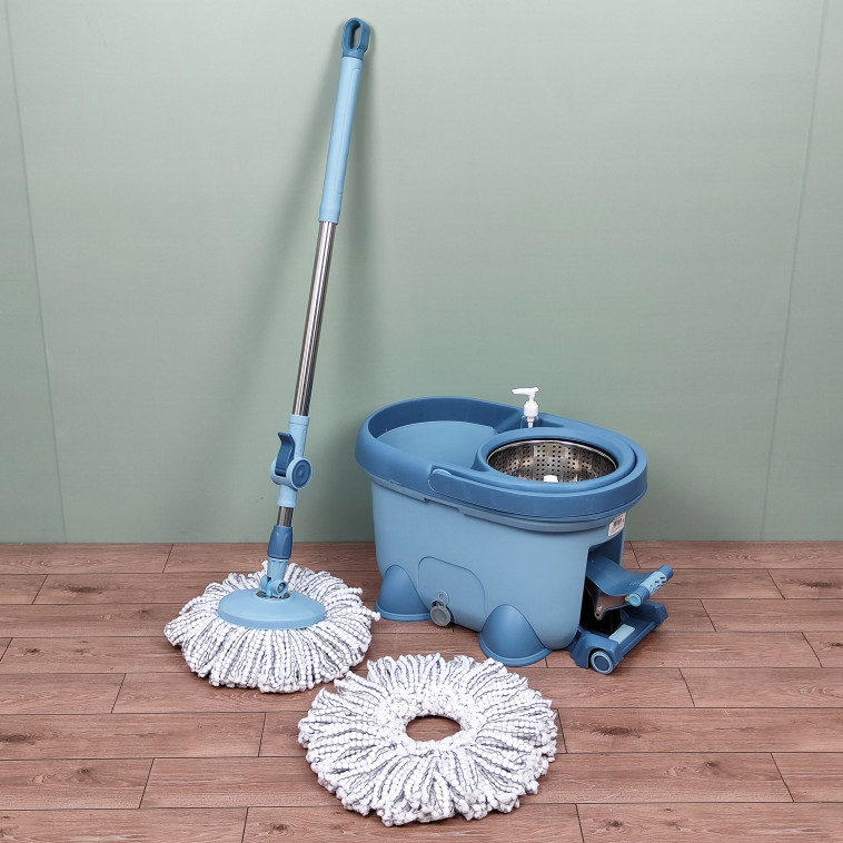 Картинка Набор ведро пластиковое с отжимом 12 л + швабра металл 124 см 2 насад под упак синий Baizheng