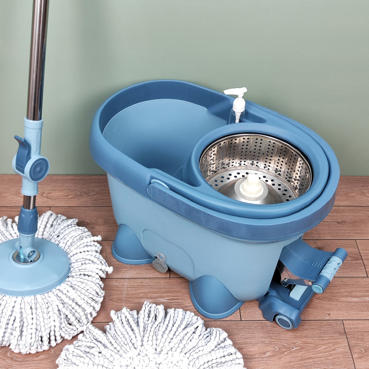 Фотография Набор ведро пластиковое с отжимом 12 л + швабра металл 124 см 2 насад под упак синий Baizheng