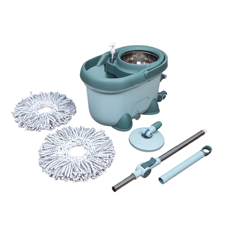 Фото Набор ведро пластиковое с отжимом 12 л+ швабра металл 124 см 2 насад под упак зеленый Baizheng