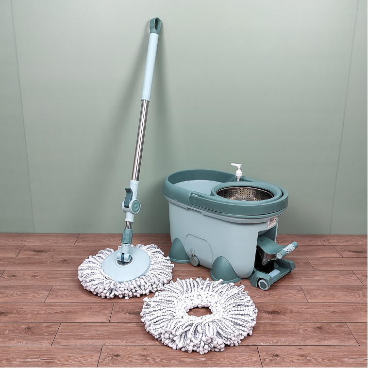 Картинка Набор ведро пластиковое с отжимом 12 л+ швабра металл 124 см 2 насад под упак зеленый Baizheng