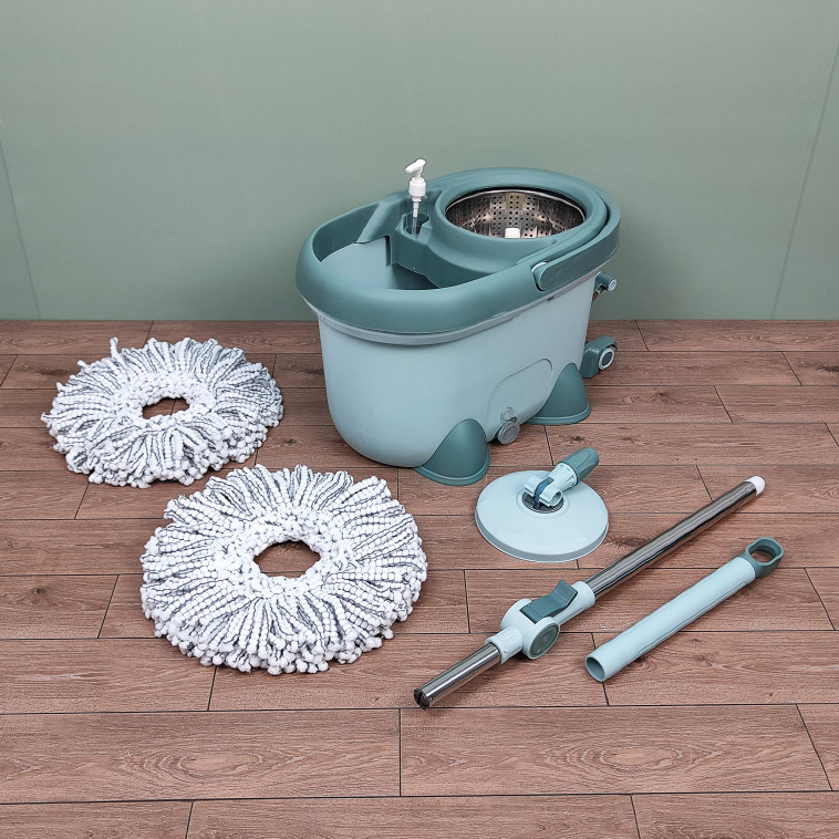 Мини фото №2 Набор ведро пластиковое с отжимом 12 л+ швабра металл 124 см 2 насад под упак зеленый Baizheng