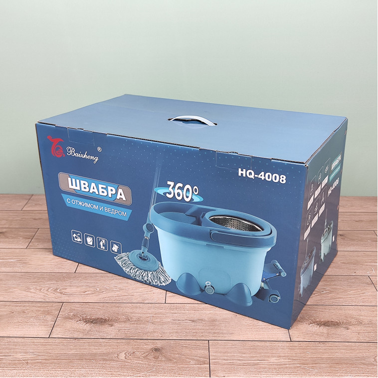 Мини фото №3 Набор ведро пластиковое с отжимом 12 л+ швабра металл 124 см 2 насад под упак зеленый Baizheng