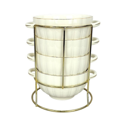 Набор керамический бульонниц 5 пр 650 мл металл подставка Золотая линия 202354 Bonjart