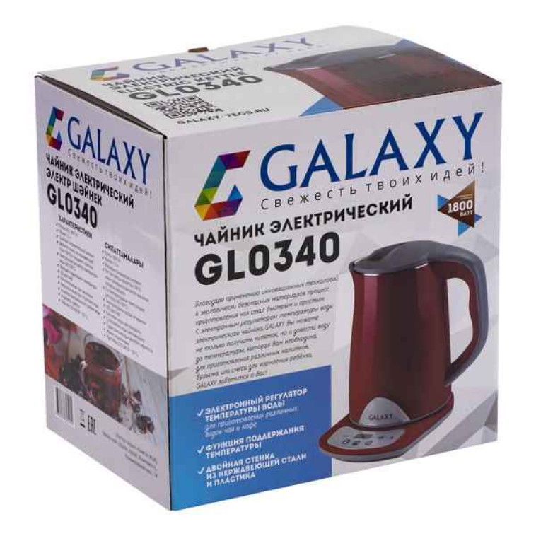 Картинка Чайник электрический GL-0340 Galaxy металлический красный1,5л, 1800Вт