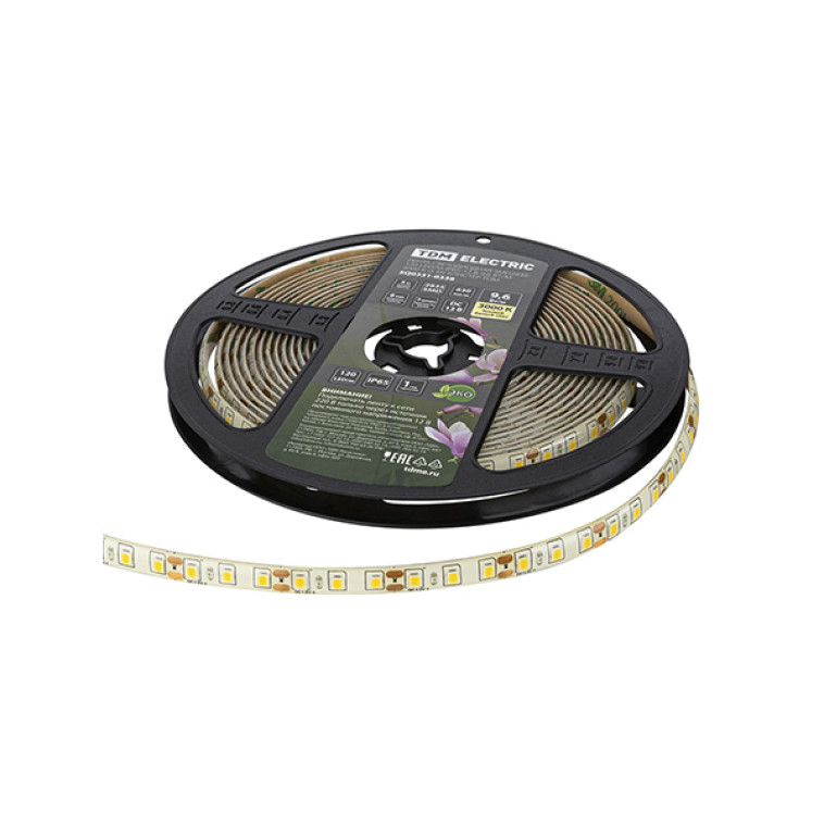 Лента светодиодная SMD2835-120 LED/м-IP65-12 В-9,6 Вт/м-3000 К (упак/5м) блистер TDM