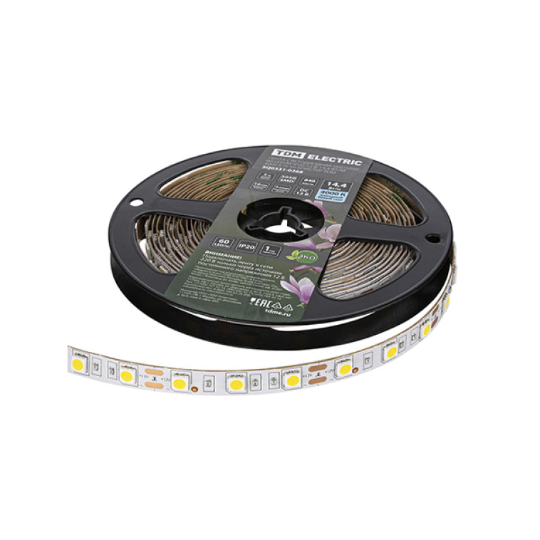 Лента светодиодная SMD5050-60 LED/м-IP20-12 В-14,4 Вт/м-4000 К (упак/5м) блистер TDM