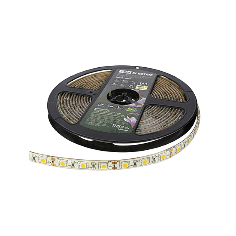 Лента светодиодная SMD5050-60 LED/м-IP65-12 В-14,4 Вт/м-3000 К (упак/5м) блистер TDM