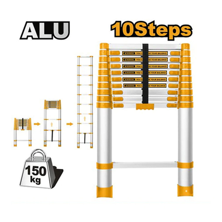 Лестница INGCO HLAD08101 телескопическая, 10 ступеней, нагрузка 150 кг, высота 3188 мм