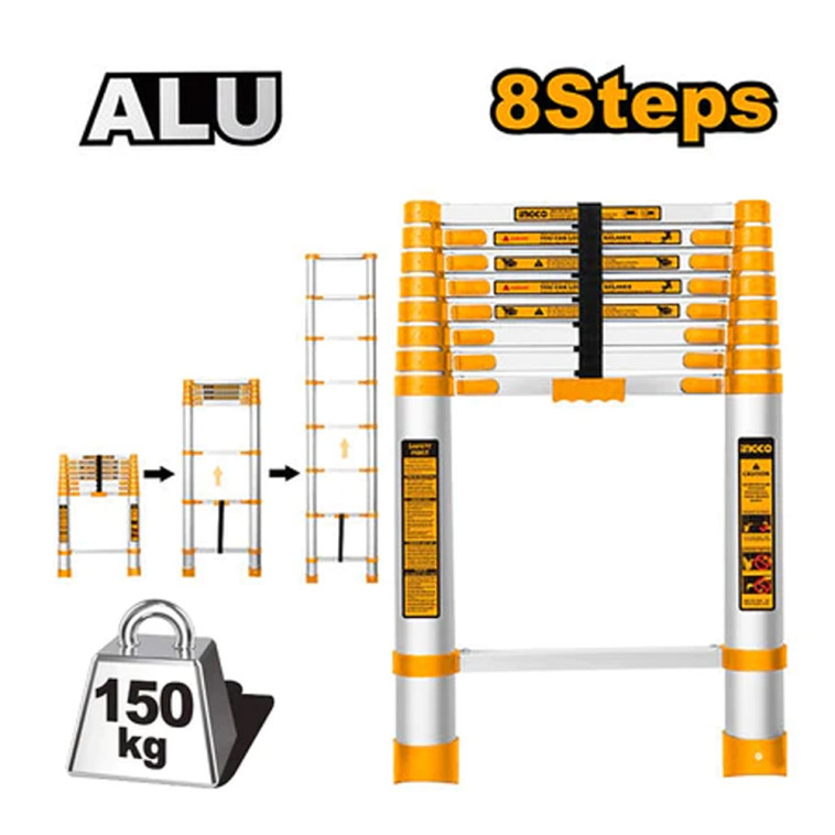 Лестница INGCO HLAD08081 телескопическая, 8 ступеней, нагрузка 150 кг, высота 2580 мм