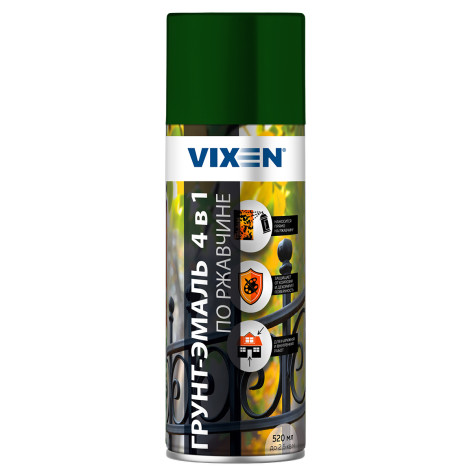 Грунт-эмаль аэроз. по ржавчине 4 в 1 зеленый мох RAL6005 520мл Vixen VX516005