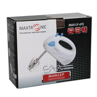 Миксер пластик 180 Вт 7 скоростей 4 насадки под упак бело-голубой Maxtronic
