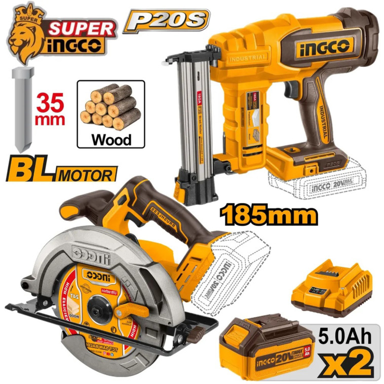 Набор нейлер F15-F35 + дисковая пила 185 мм. SUPER INGCO COSLI240866 INDUSTRIAL 20В, BL. Li-Ion