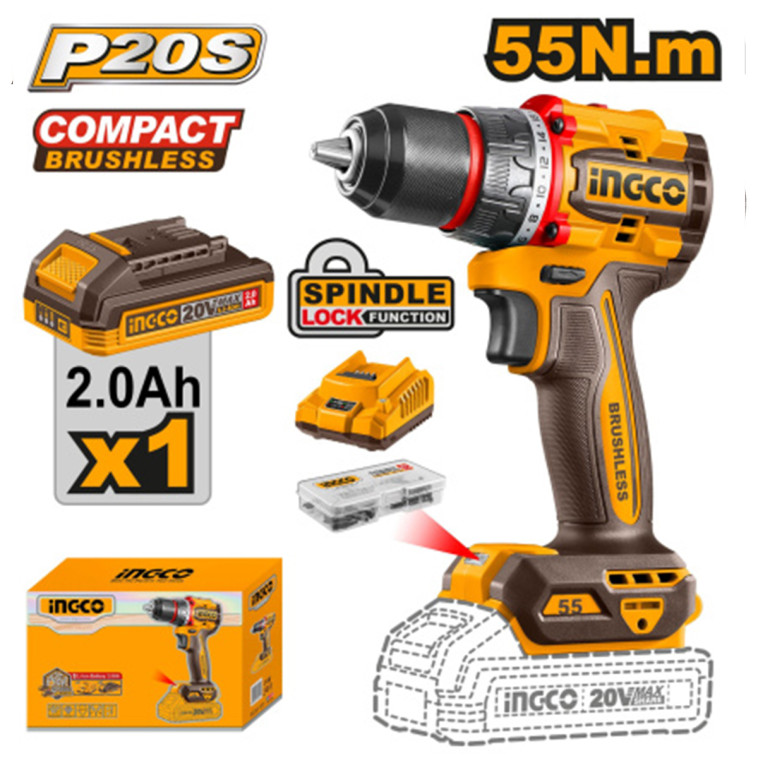 Шуруповерт INGCO CDLI205582 бесщеточный Li-lon 20 В, 2 Ач, 55 Нм, 1 акб,   INDUSTRIAL