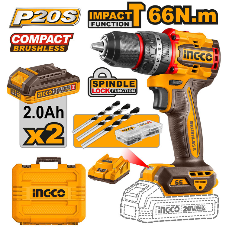 Шуруповерт INGCO CIDLI20668 ударный бесщеточный Li-Ion 20.0 В, 2.0 Ah. 2 АКБ 66 Нм  INDUSTRIAL NEW