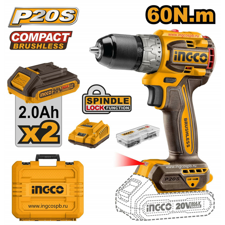 Шуруповерт INGCO CDLI20602  бесщеточный Li-ion 20.0 В, 2Ач, 60 Нм, 2акб, кейс  INDUSTRIAL