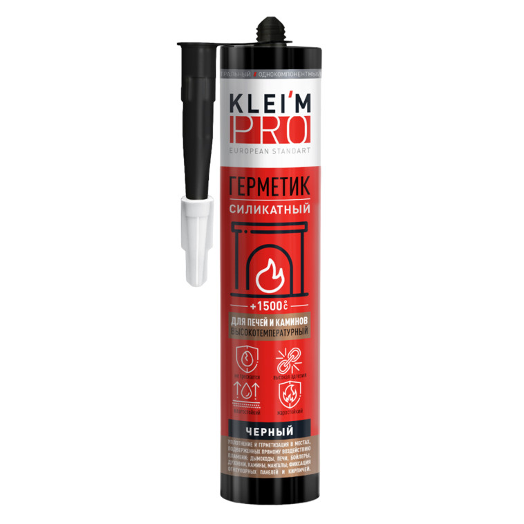 Герметик силикатный Kleim Pro для печей и каминов жаропрочный 1500С черный 280мл (12) +5С