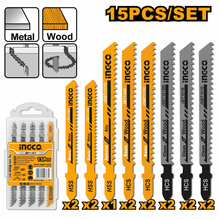 Набор полотен для электролобзика 15 шт, дерево, металл  INGCO JBT1501
