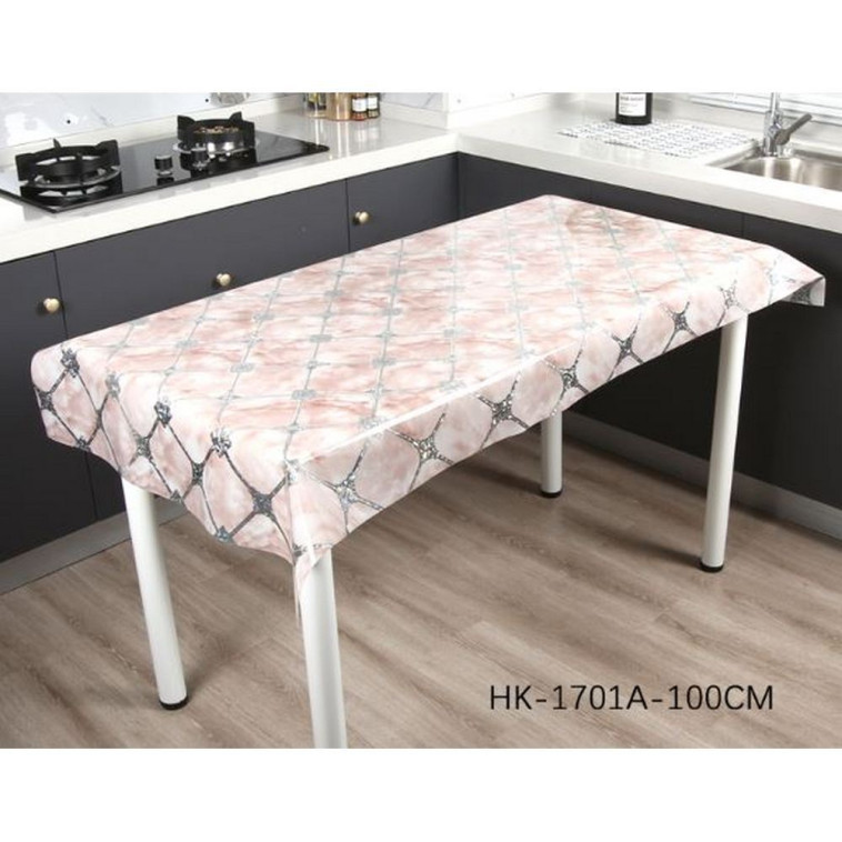 Клеенка силиконовая 1,0*20 м 0,6 мм серебристая клетка на розовом мраморе Baizheng