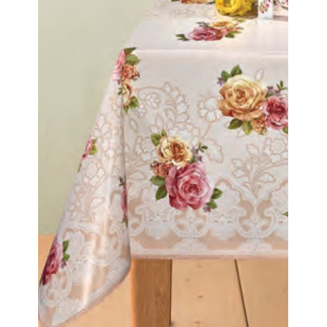 Клеенка ПВХ нетканая основа 1,4*20 м розы на бежевом рис 054A Dekorama