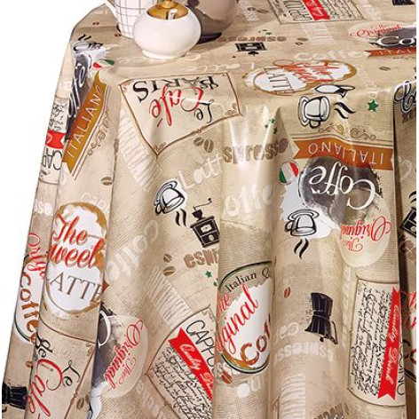 Клеенка ПВХ нетканая основа 1,4*20 м кофейные мотивы на бежевом рис 099A Dekorama