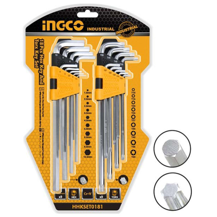 Фото Набор ключей 18 шт HEX 1,5-10мм, TORX Т10-Т50 INGCO HHKSET0181 INDUSTRIAL
