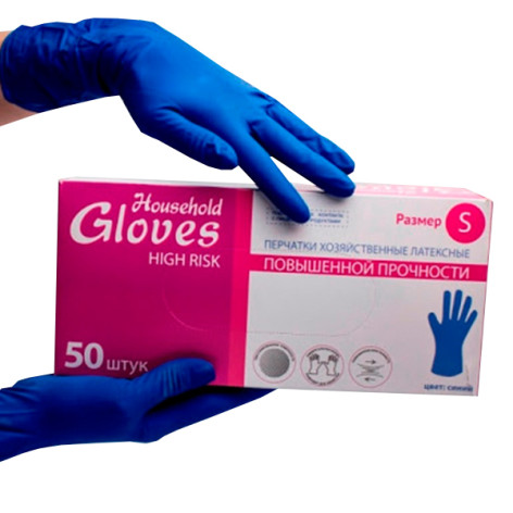 Перчатки латексные повышенной прочности синие 26гр S High Risk Перчатки латексные повышенной прочности синие 26гр S High Risk