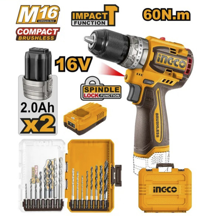 Шуруповерт INGCO COSLI241199 бесщеточный 16В Li-ion, 60 Нм, + оснастка  INDUSTRIAL